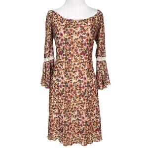 VTG City Triangles Floral Dress S Bell Sleeve Indie Boho Hippie Y2K Peasant Fall